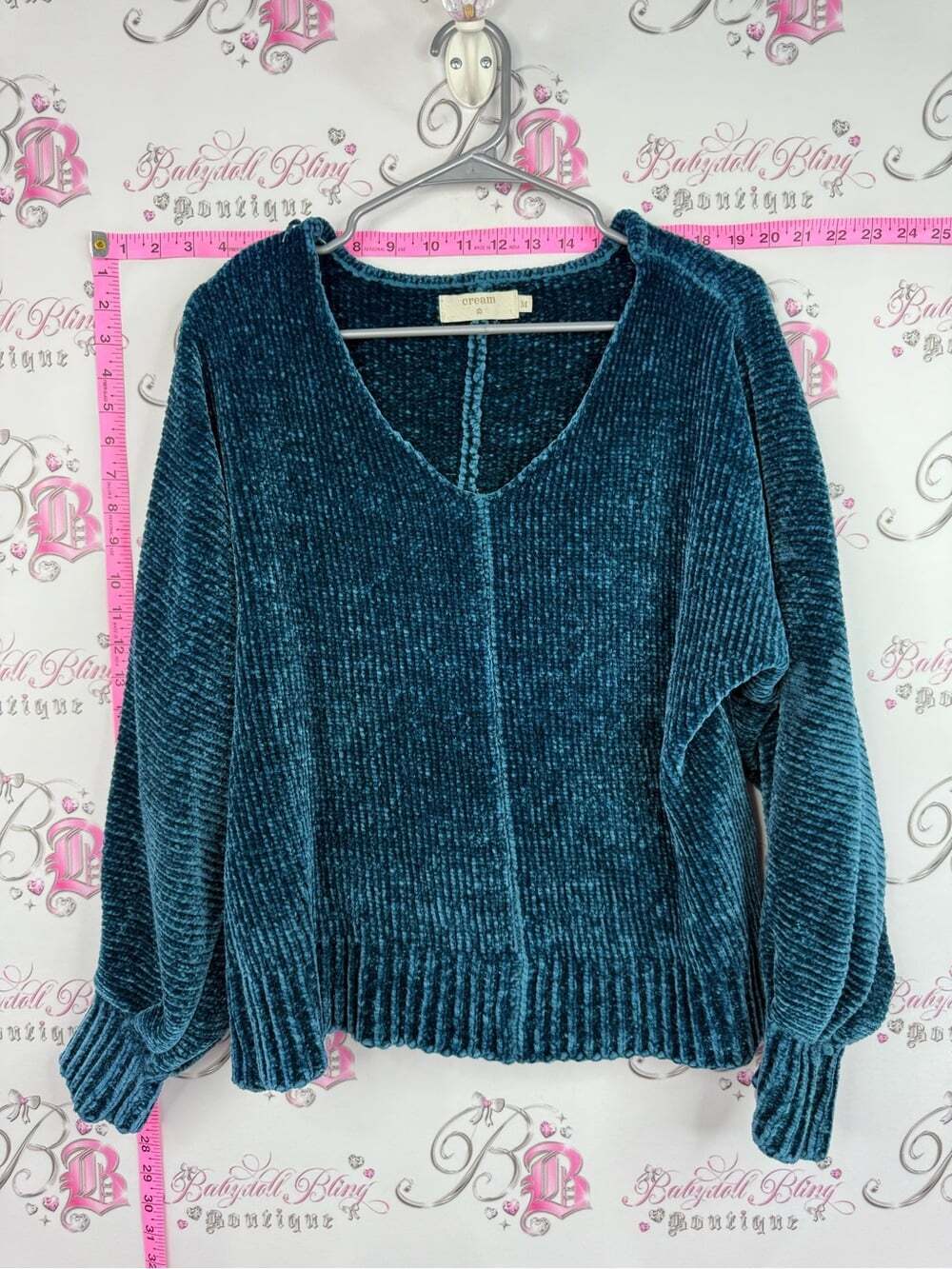 Cream long sleeve knit sweater top soft Teal Chenille V-Neck Sweater
